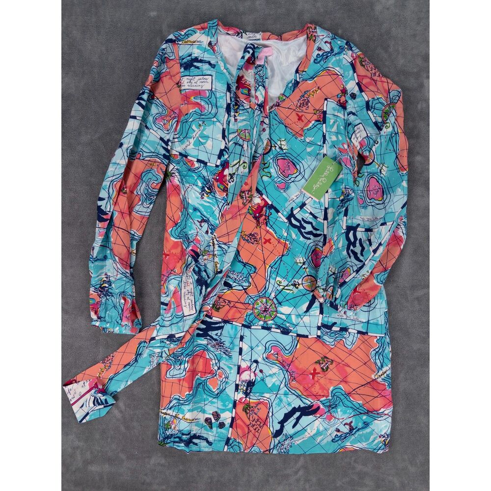 Lilly Pulitzer Connie Dress X Marks The Spot Map 100% Silk Size 6 NWT